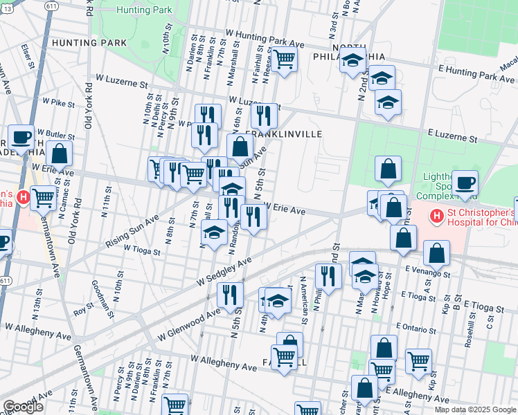 map of restaurants, bars, coffee shops, grocery stores, and more near 3651 North 5th Street in Philadelphia