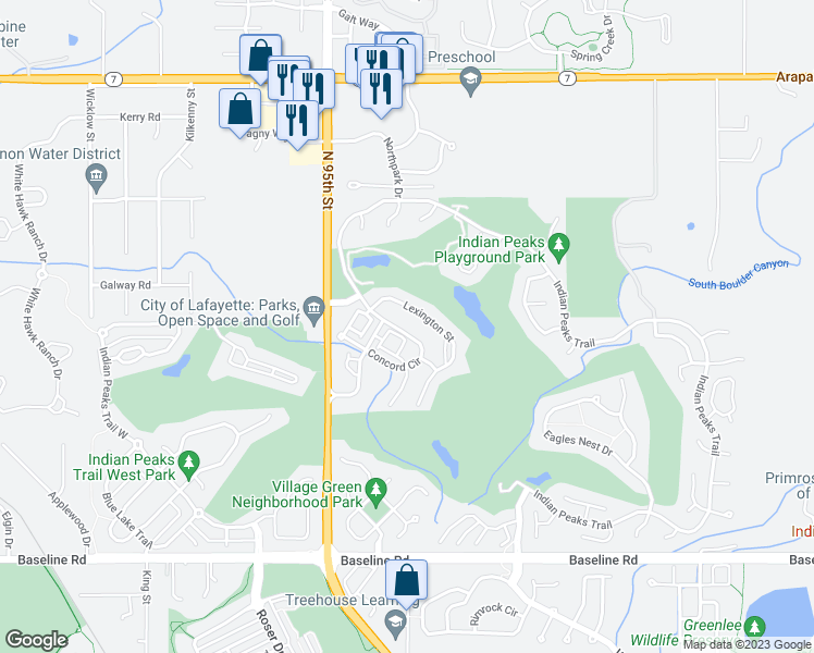 map of restaurants, bars, coffee shops, grocery stores, and more near 2529 Concord Circle in Lafayette