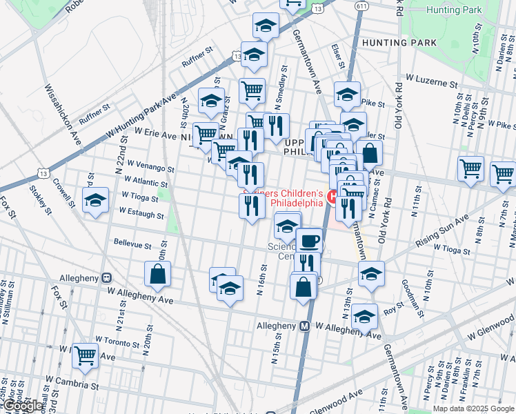 map of restaurants, bars, coffee shops, grocery stores, and more near 3514 North Smedley Street in Philadelphia