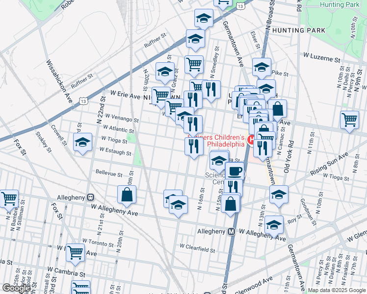 map of restaurants, bars, coffee shops, grocery stores, and more near 1712 West Tioga Street in Philadelphia