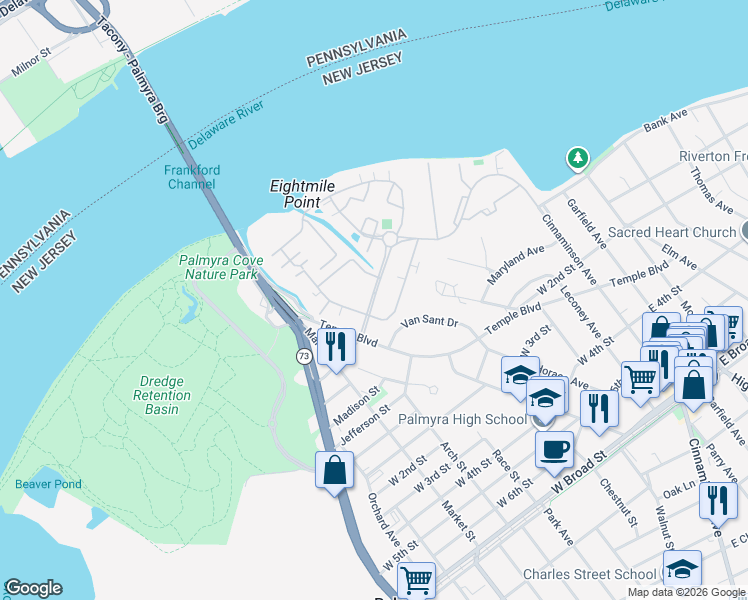 map of restaurants, bars, coffee shops, grocery stores, and more near 3015 Harbour Drive in Palmyra