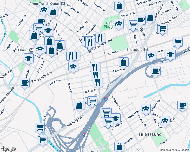 map of restaurants, bars, coffee shops, grocery stores, and more near 4581 Tacony Street in Philadelphia