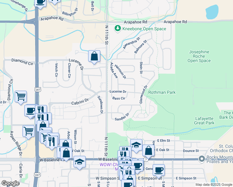 map of restaurants, bars, coffee shops, grocery stores, and more near 106 Lucerne Drive in Lafayette