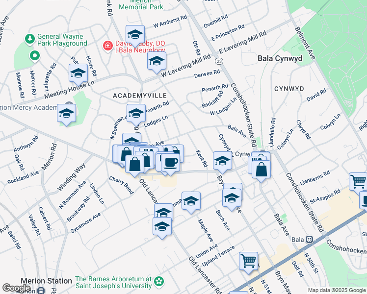 map of restaurants, bars, coffee shops, grocery stores, and more near 323 Pembroke Road in Bala Cynwyd