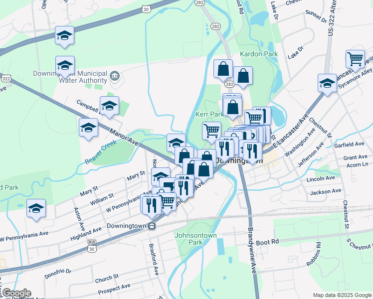 map of restaurants, bars, coffee shops, grocery stores, and more near 111 Manor Avenue in Downingtown