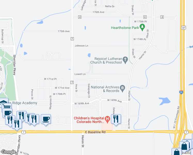 map of restaurants, bars, coffee shops, grocery stores, and more near 533 West 172nd Place in Broomfield