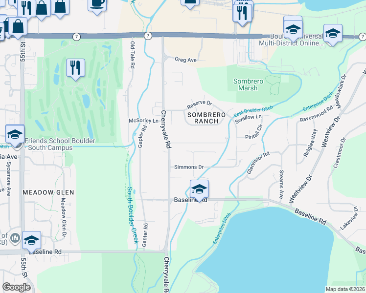 map of restaurants, bars, coffee shops, grocery stores, and more near 1098 Cherryvale Road in Boulder