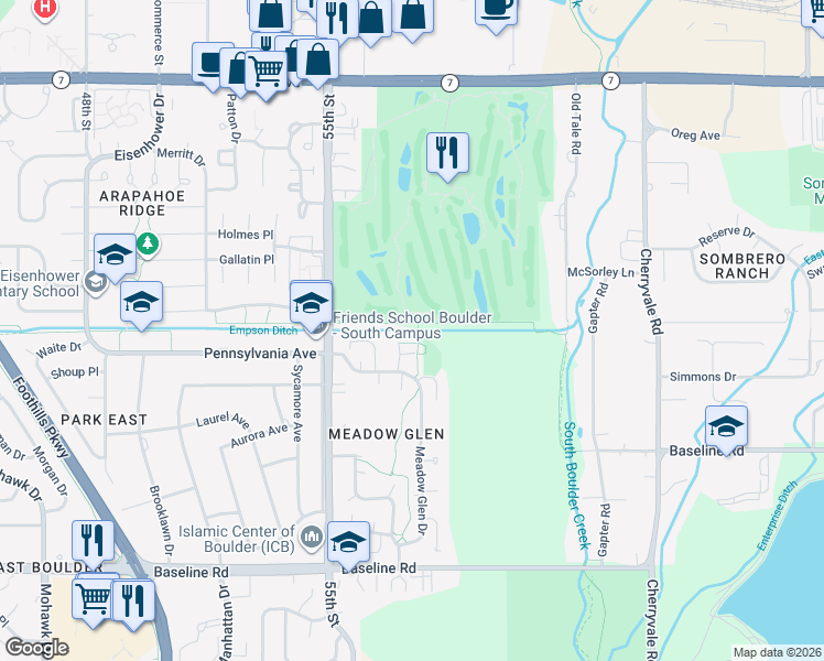 map of restaurants, bars, coffee shops, grocery stores, and more near 1078 Love Court in Boulder