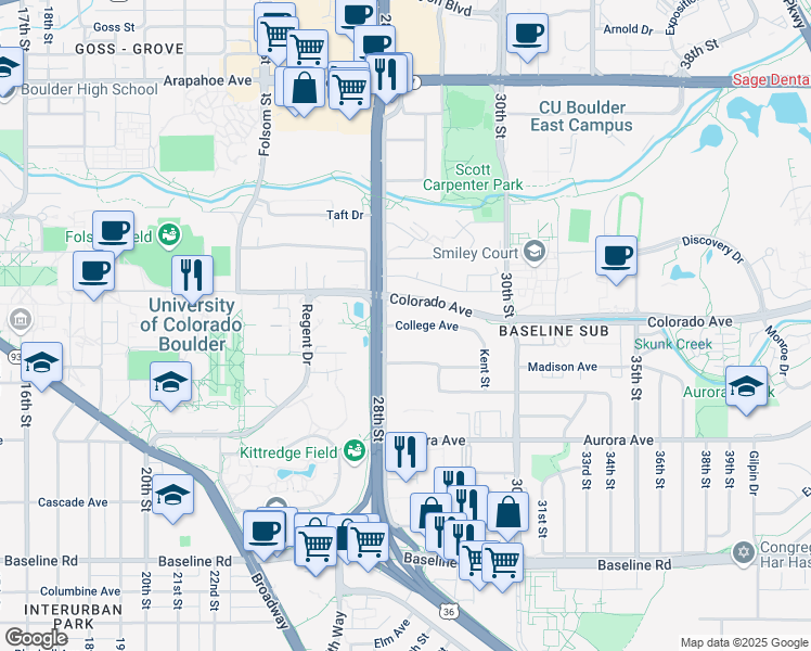 map of restaurants, bars, coffee shops, grocery stores, and more near 103 28th Street Frontage Road in Boulder
