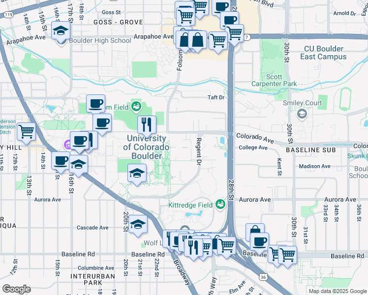 map of restaurants, bars, coffee shops, grocery stores, and more near in Boulder