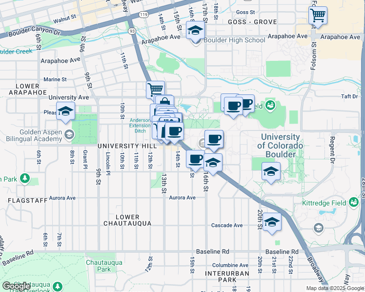 map of restaurants, bars, coffee shops, grocery stores, and more near in Boulder