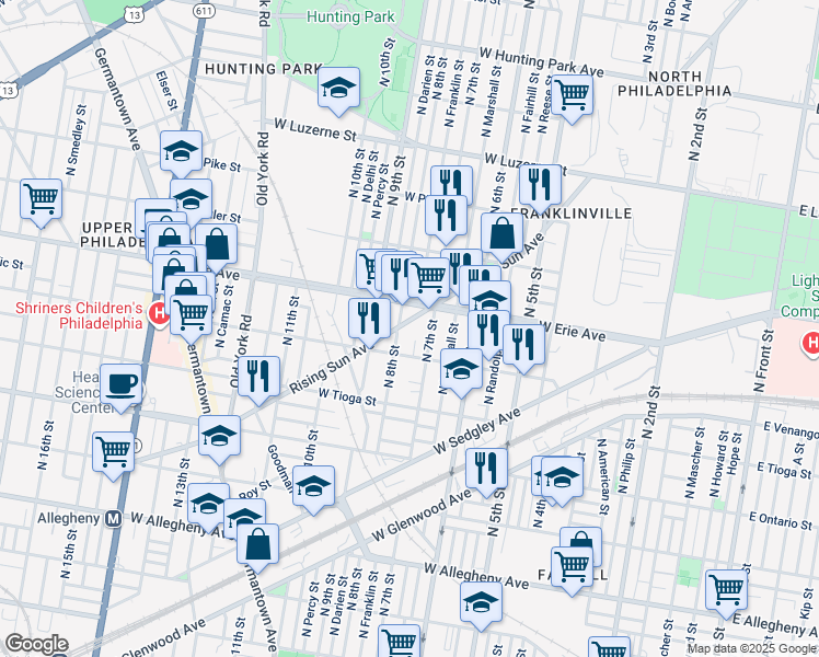 map of restaurants, bars, coffee shops, grocery stores, and more near 730 Rising Sun Avenue in Philadelphia