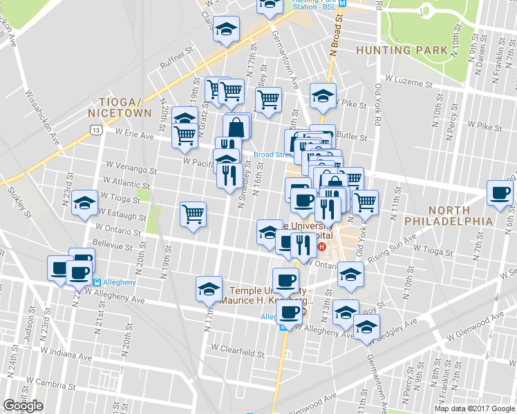 map of restaurants, bars, coffee shops, grocery stores, and more near 1526 West Tioga Street in Philadelphia
