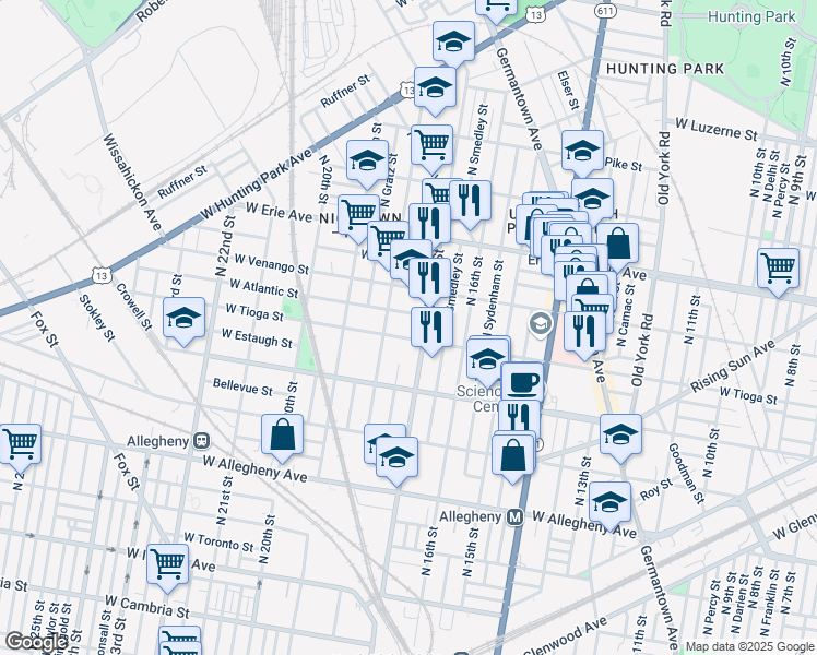 map of restaurants, bars, coffee shops, grocery stores, and more near 1712 West Tioga Street in Philadelphia