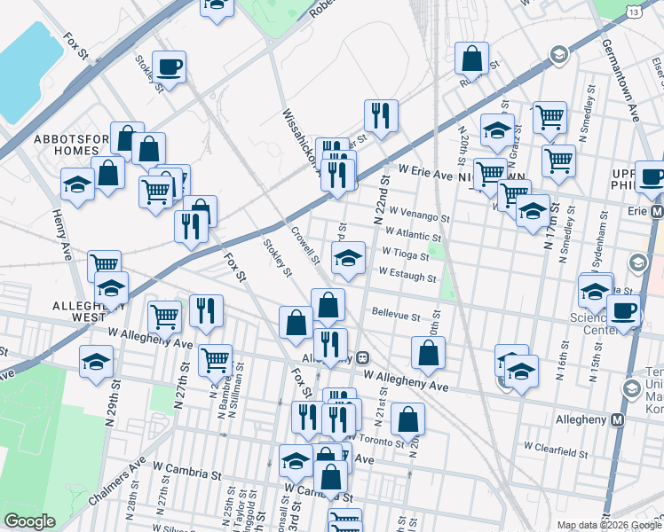 map of restaurants, bars, coffee shops, grocery stores, and more near 2236 West Ontario Street in Philadelphia