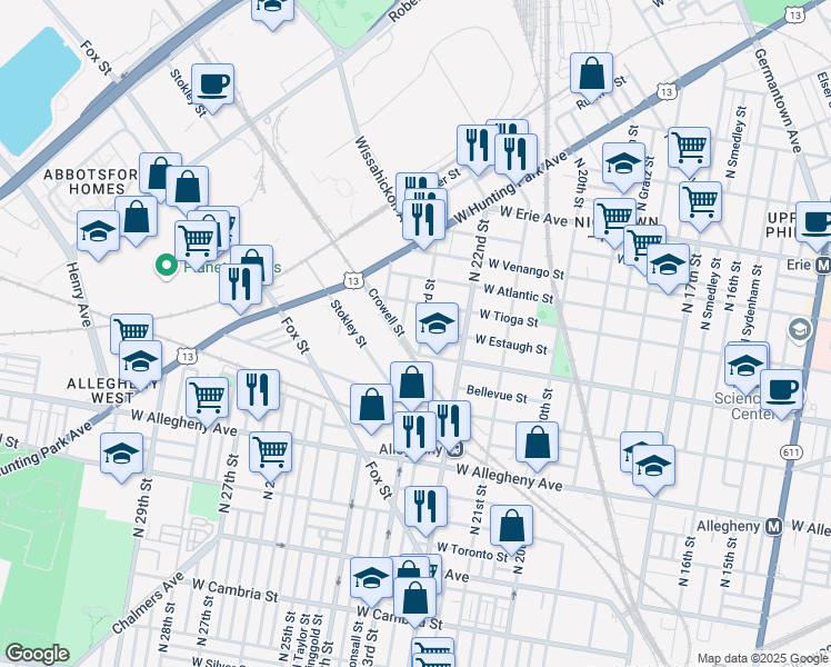 map of restaurants, bars, coffee shops, grocery stores, and more near 2236 West Ontario Street in Philadelphia