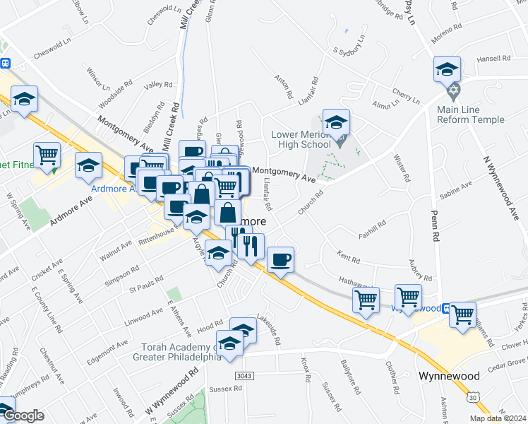 map of restaurants, bars, coffee shops, grocery stores, and more near in Ardmore