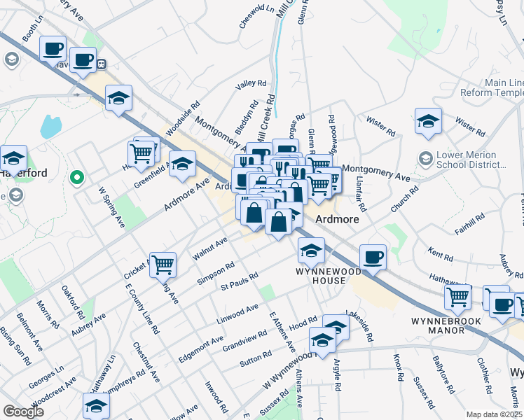 map of restaurants, bars, coffee shops, grocery stores, and more near 15 Rittenhouse Place in Ardmore