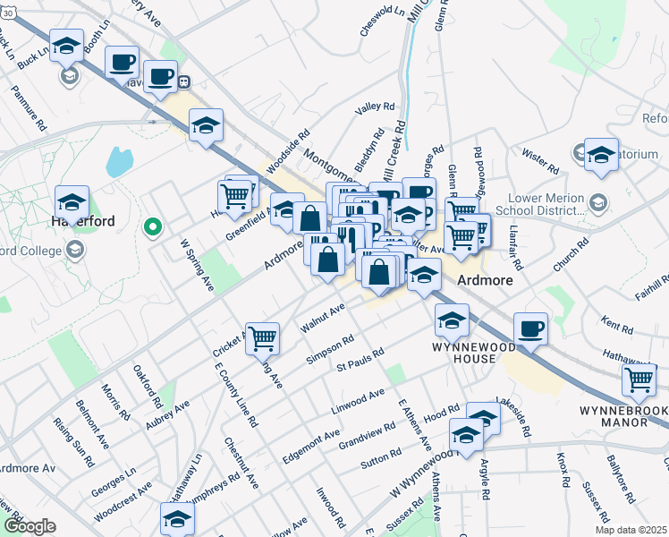 map of restaurants, bars, coffee shops, grocery stores, and more near 7 East Athens Avenue in Ardmore