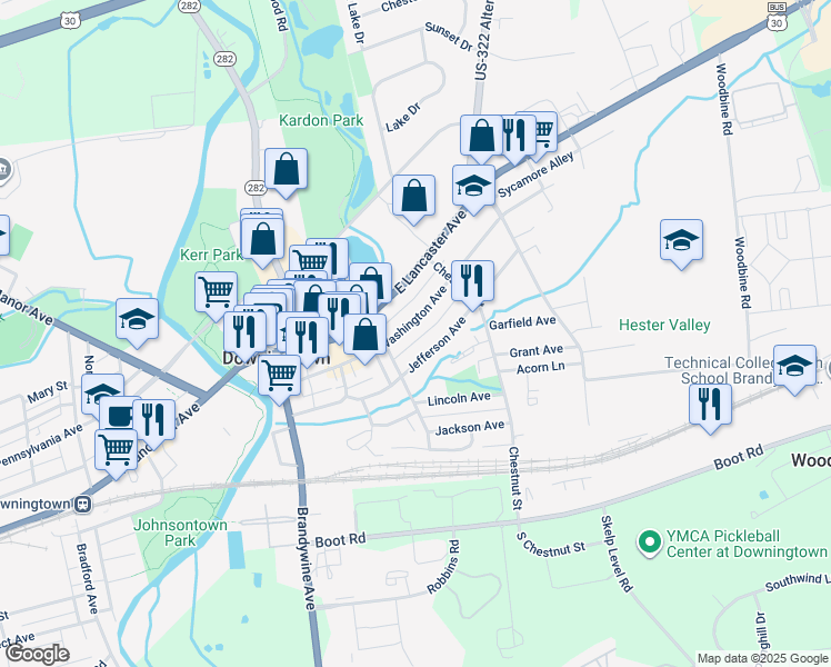 map of restaurants, bars, coffee shops, grocery stores, and more near 332 Jefferson Avenue in Downingtown