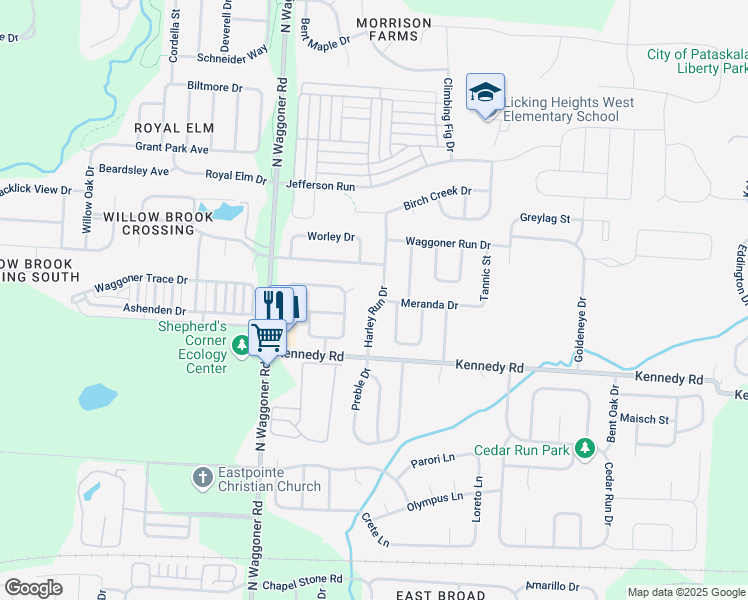 map of restaurants, bars, coffee shops, grocery stores, and more near 1135 Harley Run Drive in Blacklick