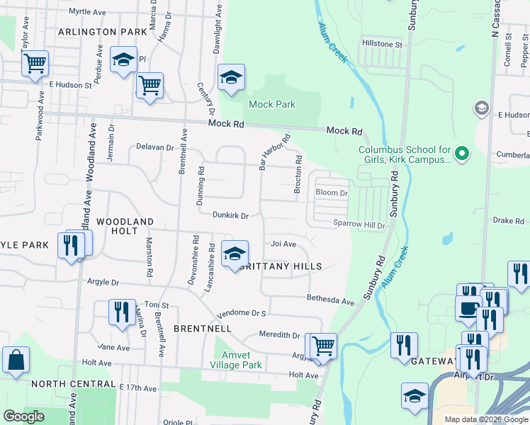 map of restaurants, bars, coffee shops, grocery stores, and more near 2469 Bar Harbor Place in Columbus