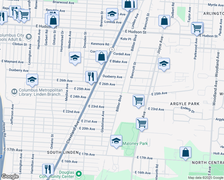 map of restaurants, bars, coffee shops, grocery stores, and more near 1520 East 24th Avenue in Columbus