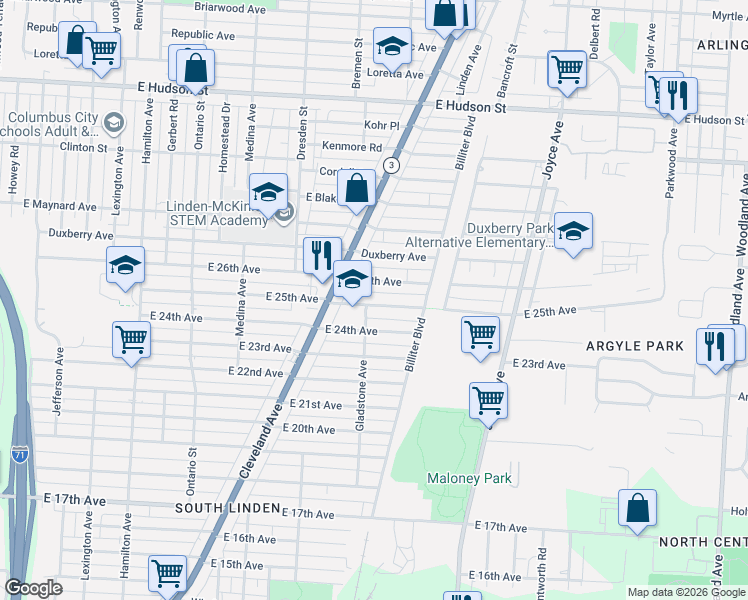 map of restaurants, bars, coffee shops, grocery stores, and more near 1454 East 24th Avenue in Columbus