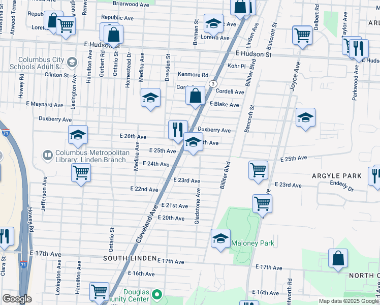 map of restaurants, bars, coffee shops, grocery stores, and more near 1966 Cleveland Avenue in Columbus
