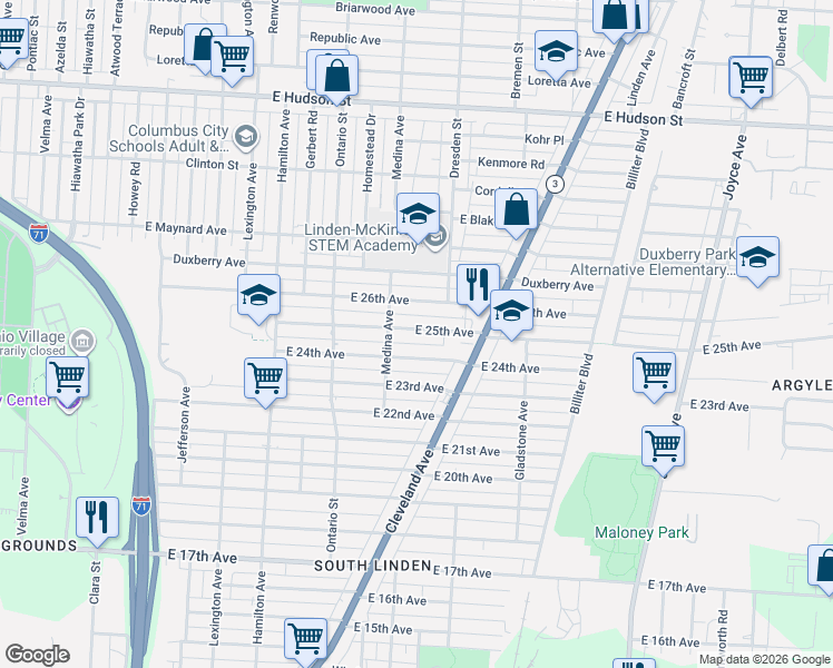 map of restaurants, bars, coffee shops, grocery stores, and more near 1294 East 24th Avenue in Columbus