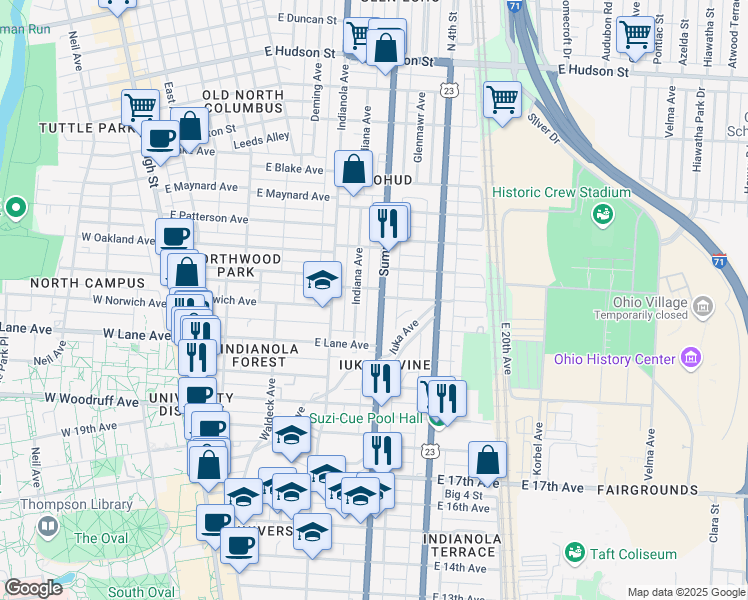 map of restaurants, bars, coffee shops, grocery stores, and more near 2111 Summit Street in Columbus