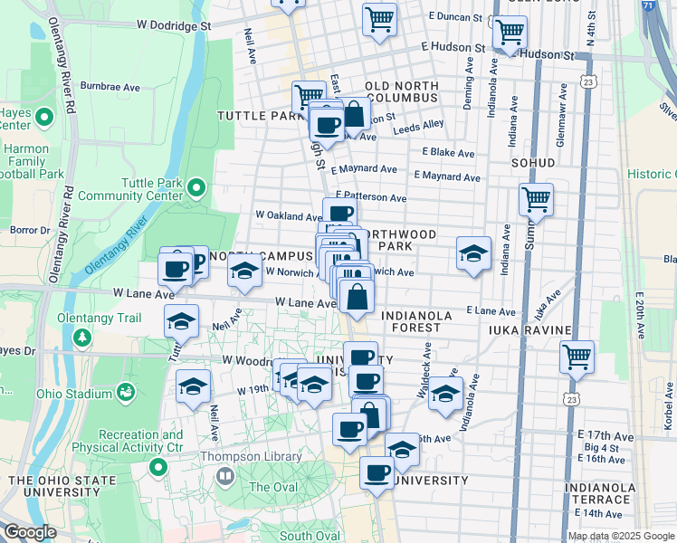 map of restaurants, bars, coffee shops, grocery stores, and more near 50 West Lane Avenue in Columbus