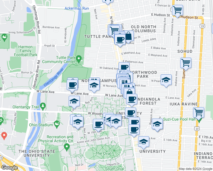 map of restaurants, bars, coffee shops, grocery stores, and more near 78 West Lane Avenue in Columbus