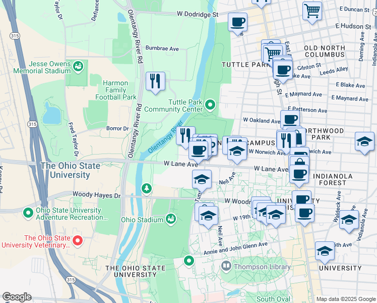 map of restaurants, bars, coffee shops, grocery stores, and more near in Columbus