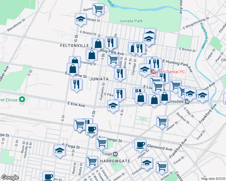 map of restaurants, bars, coffee shops, grocery stores, and more near 3850 Lawndale Street in Philadelphia