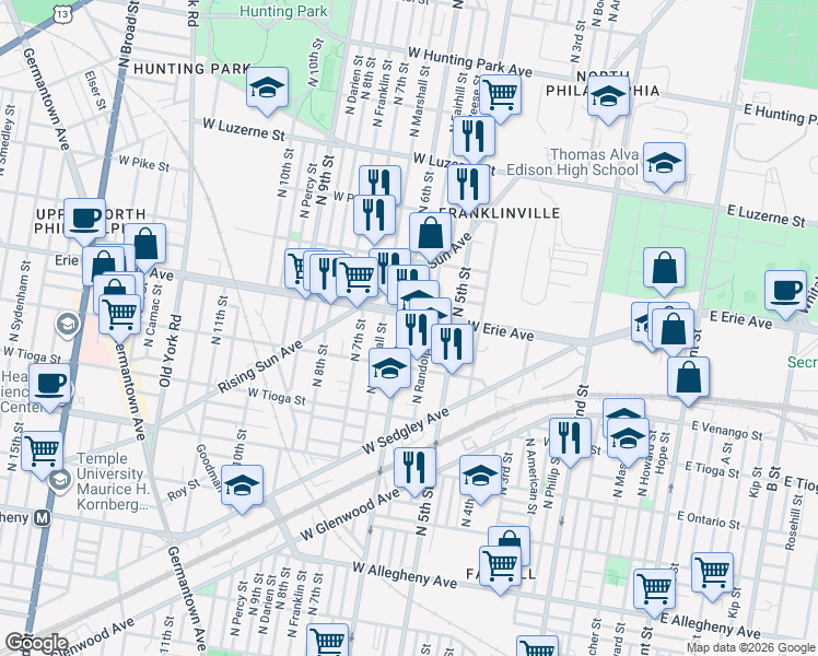 map of restaurants, bars, coffee shops, grocery stores, and more near 3613 North Randolph Street in Philadelphia
