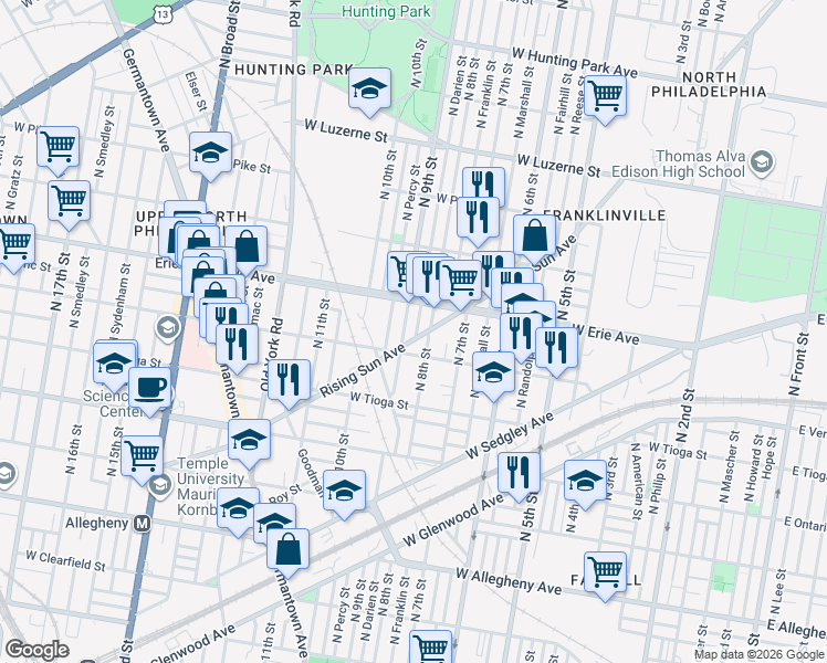 map of restaurants, bars, coffee shops, grocery stores, and more near 808 West Venango Street in Philadelphia
