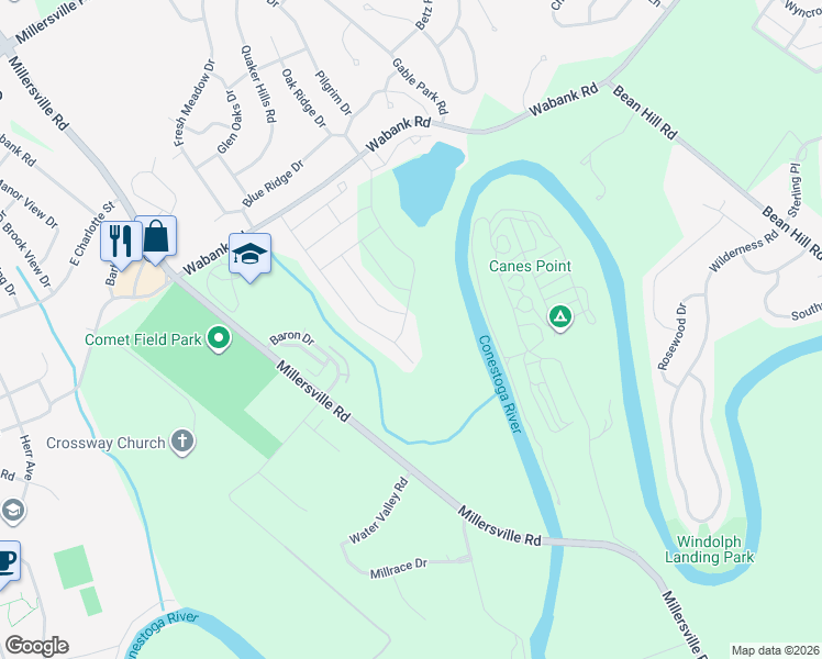 map of restaurants, bars, coffee shops, grocery stores, and more near 186 Waypoint Drive in Lancaster