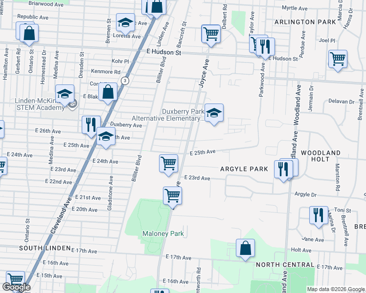 map of restaurants, bars, coffee shops, grocery stores, and more near 1920 Joyce Avenue in Columbus