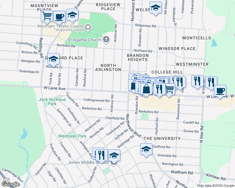map of restaurants, bars, coffee shops, grocery stores, and more near 1848 Collingswood Road in Columbus