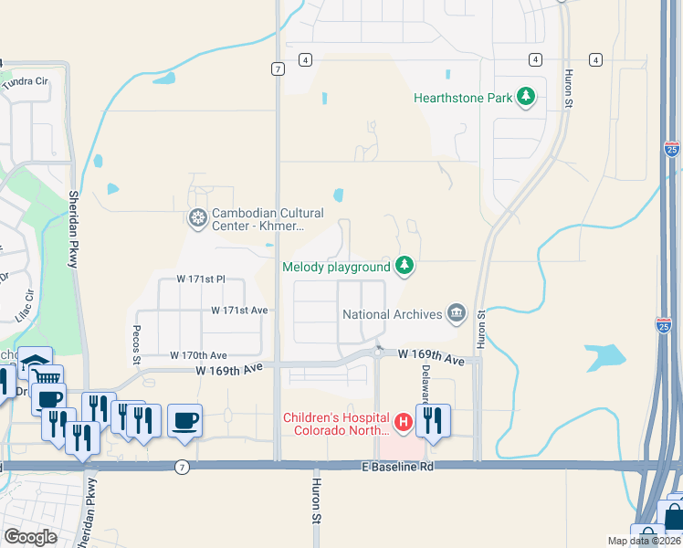 map of restaurants, bars, coffee shops, grocery stores, and more near 17145 Melody Drive in Broomfield