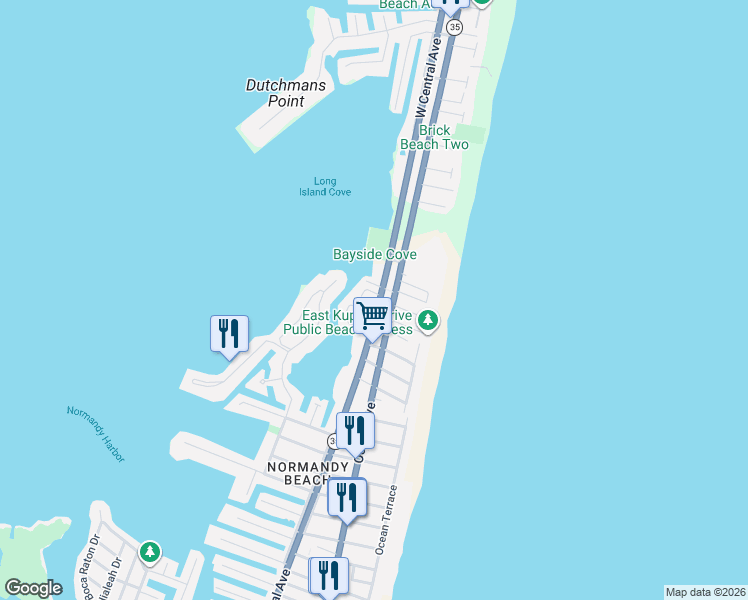 map of restaurants, bars, coffee shops, grocery stores, and more near 318 West Kupper Drive in Mantoloking