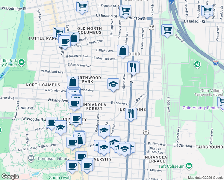 map of restaurants, bars, coffee shops, grocery stores, and more near 194 East Lane Avenue in Columbus