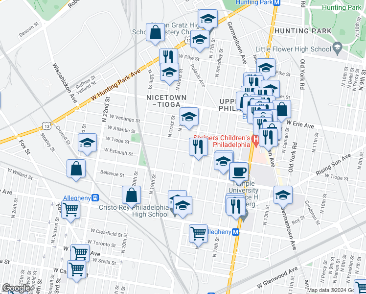 map of restaurants, bars, coffee shops, grocery stores, and more near 1723 West Tioga Street in Philadelphia
