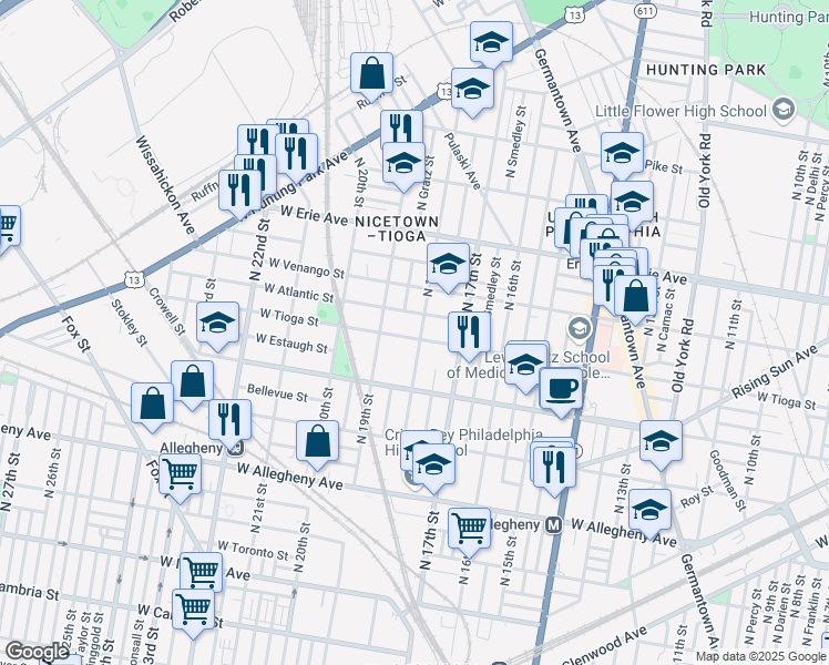 map of restaurants, bars, coffee shops, grocery stores, and more near 3506 North 18th Street in Philadelphia