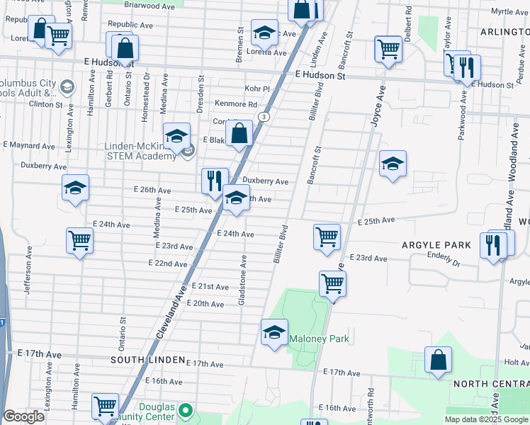 map of restaurants, bars, coffee shops, grocery stores, and more near 1520 East 24th Avenue in Columbus