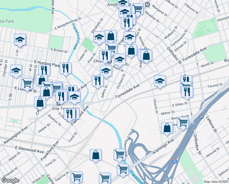 map of restaurants, bars, coffee shops, grocery stores, and more near 4132 Orchard Street in Philadelphia