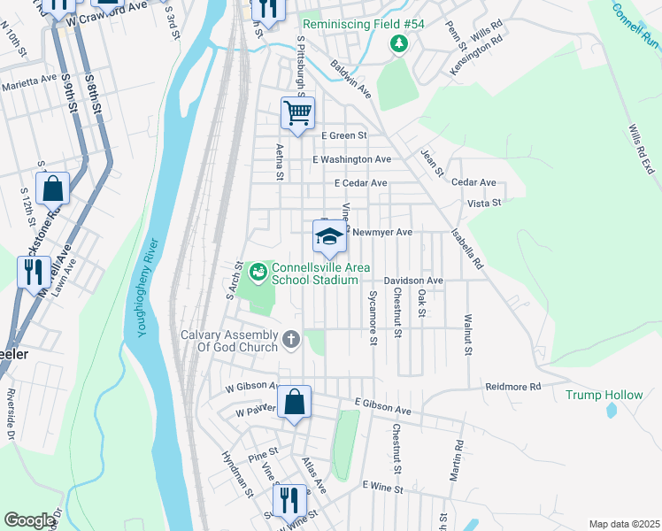 map of restaurants, bars, coffee shops, grocery stores, and more near 1135 Race Street in Connellsville