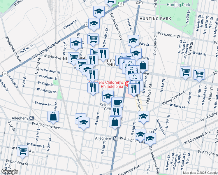 map of restaurants, bars, coffee shops, grocery stores, and more near 3521 North Sydenham Street in Philadelphia