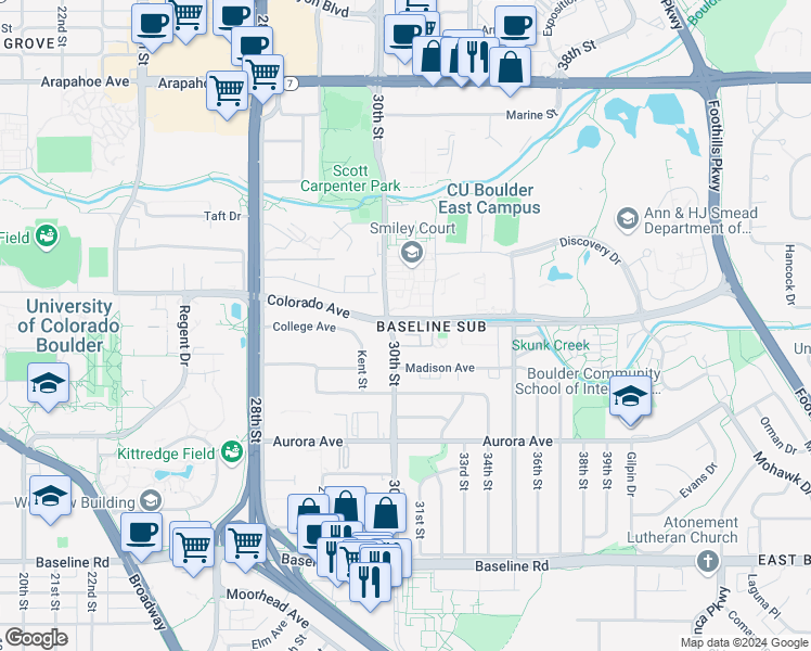 map of restaurants, bars, coffee shops, grocery stores, and more near 3161 Madison Avenue in Boulder